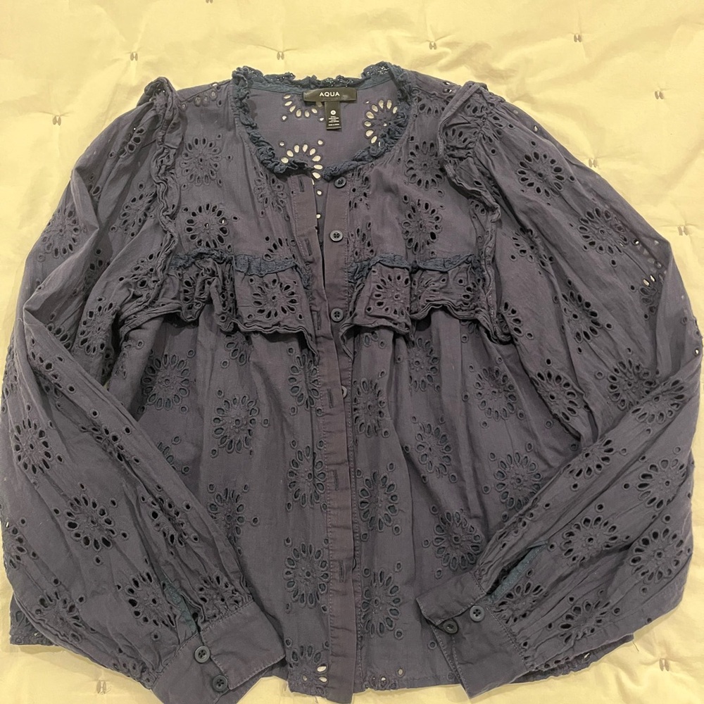 Aqua Cotton Eyelet Button Front Top Size Small